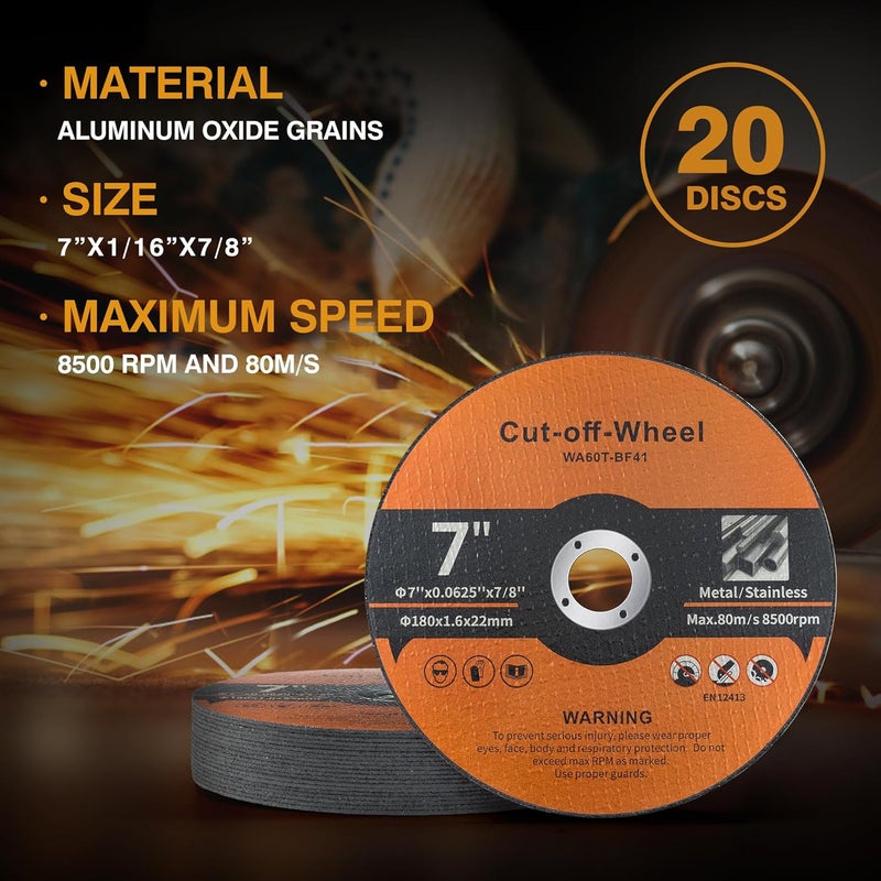 Shawya 20 Pack Cut Off Wheels 7 Inch Cutting Wheel 7”x1/16”x7/8” Metal and Stainless Steel Cutting Disc Fit for Angle Grinder Aggressive Cutting disc for General Purpose Metal Cutting - Image 4